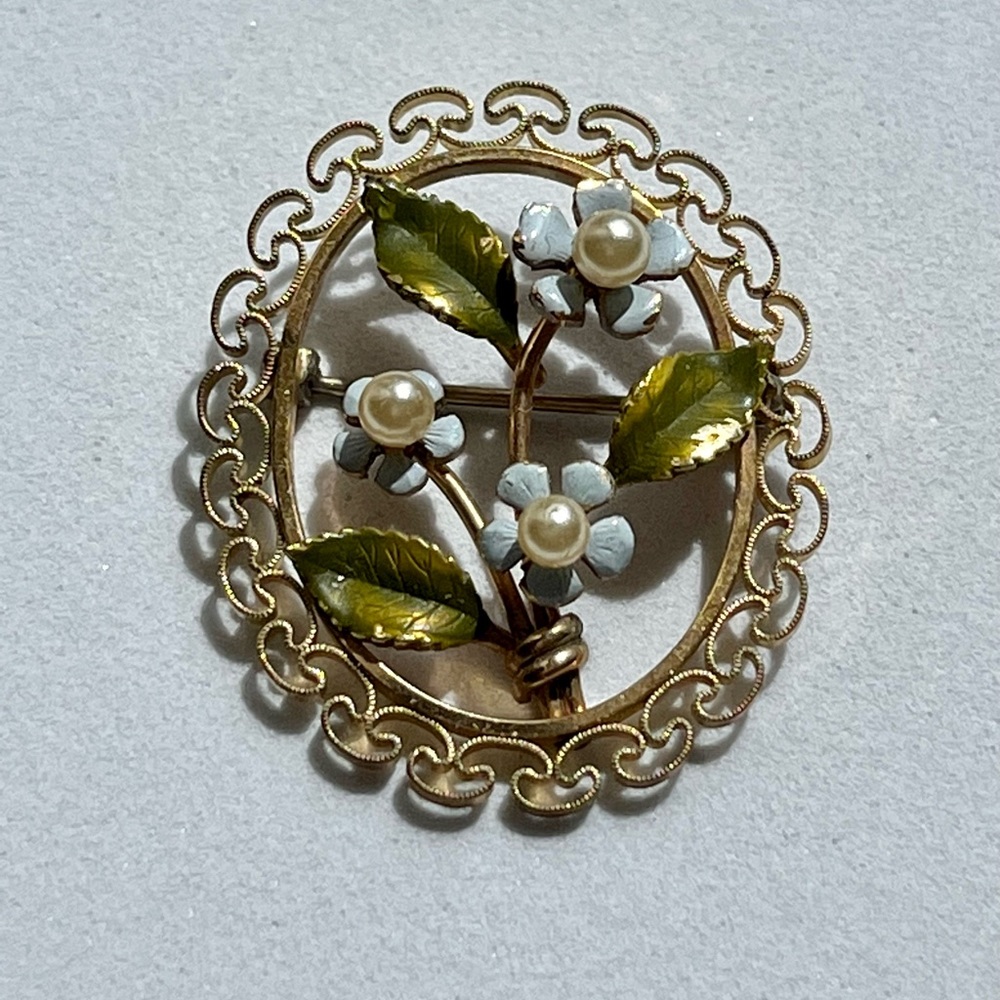Vintage Krementz Enameled And Pearl Flower Brooch